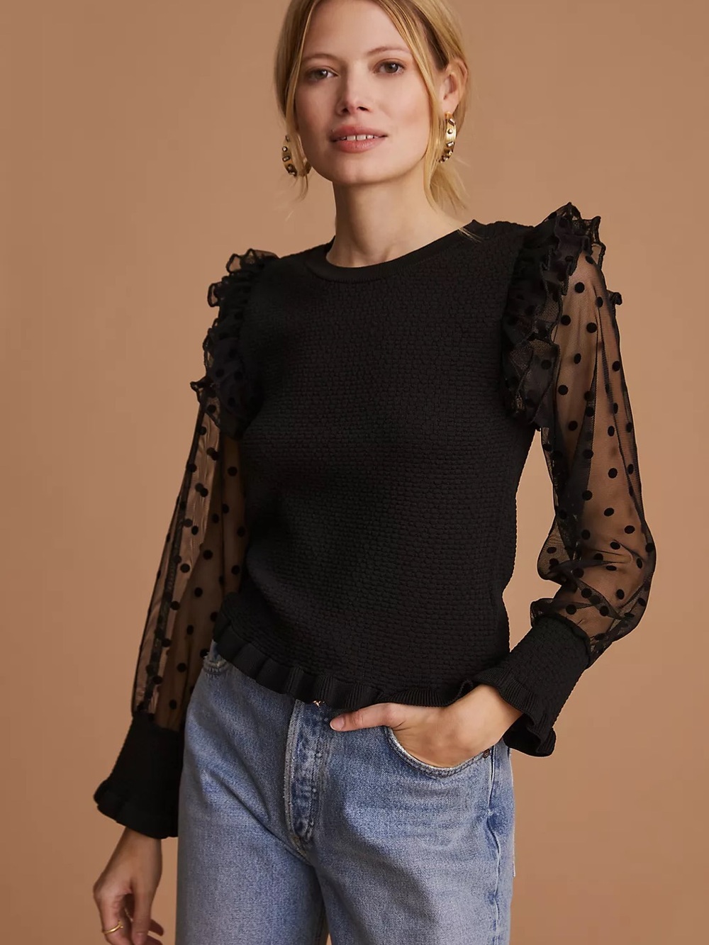 Mauve by Anthropologie Black Polka Dot Ruffle Sleeve Sweater Size S
